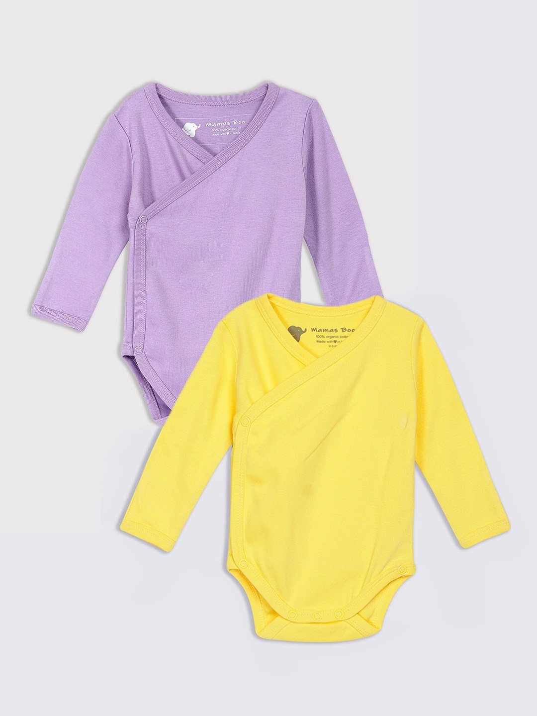 

Mamas Boo Infants Pack Of 2 Yellow & Violet Solid Pure Organic Cotton Sustainable Bodysuits