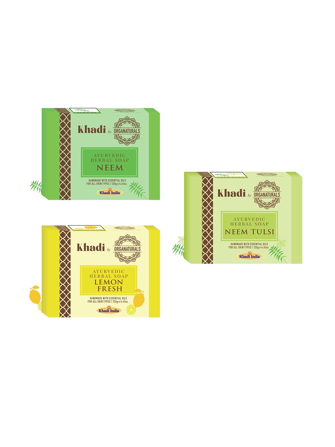 

ORGANATURALS Khadi Set of 3 Ayurvedic Herbal Soaps - Neem Tulsi - Lemon Fresh - 125g each, Green