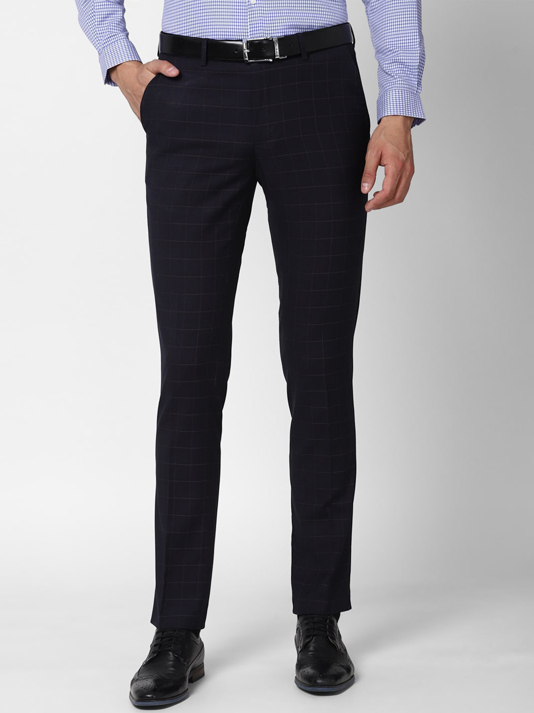 

Peter England Elite Men Navy Blue Checked Slim Fit Trousers