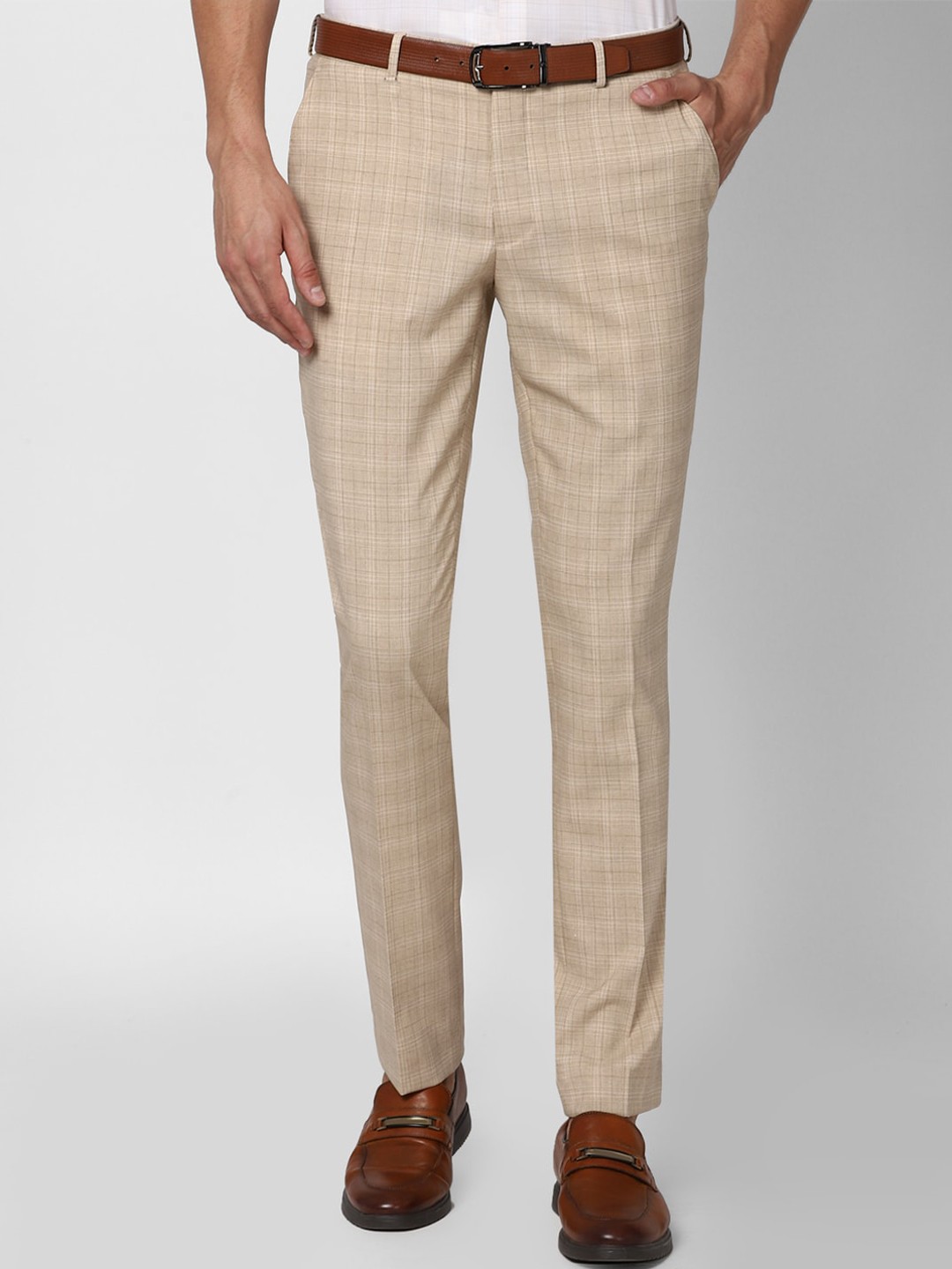 

V Dot Men Khaki Checked Slim Fit Formal Trousers