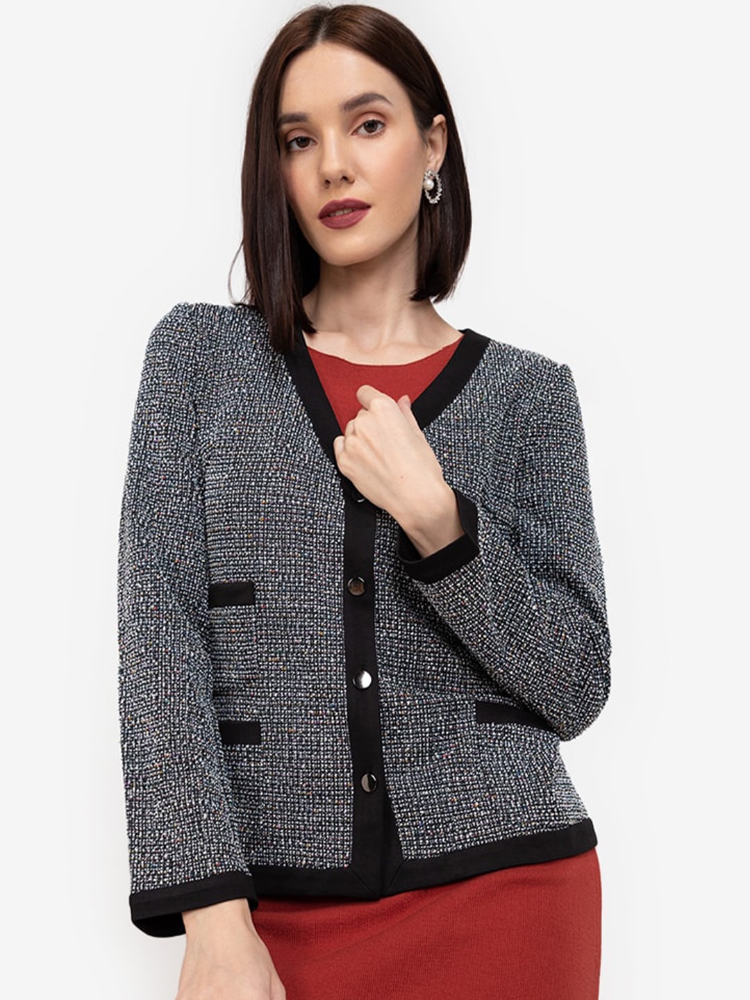 

ZALORA WORK Women Grey & Black Ribbed Polyester Regular Cardigan