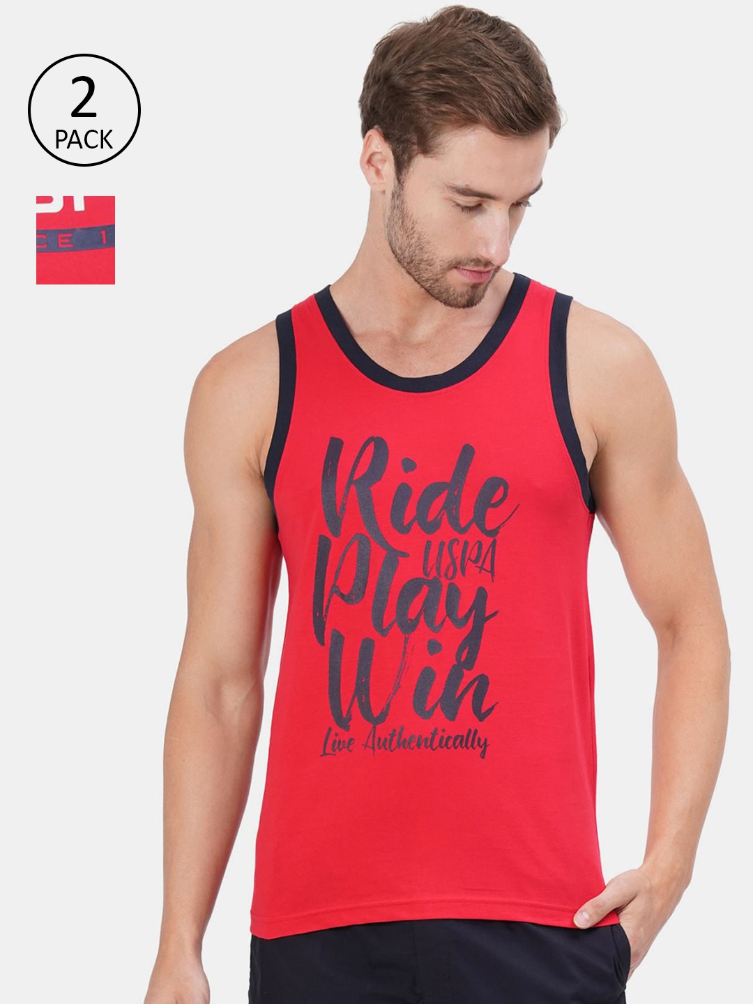 

U.S. Polo Assn. Men Pack of 2 Printed Pure Cotton Innerwear Vests, Red