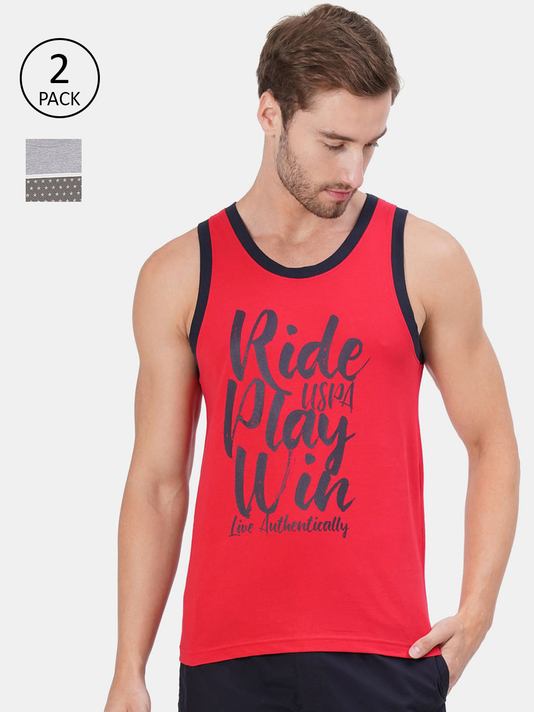 

U.S. Polo Assn. Men Pack of 2 Printed Pure Cotton Innerwear Vests, Red