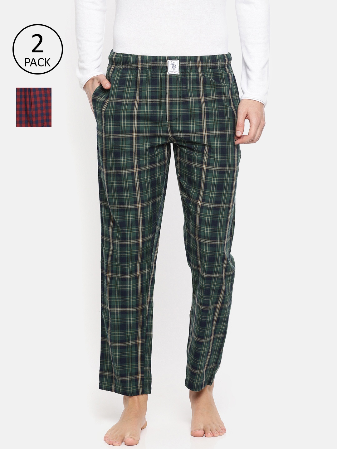 

U.S. Polo Assn. Men Pack of 2 Pure Cotton Checked Lounge Pants, Green