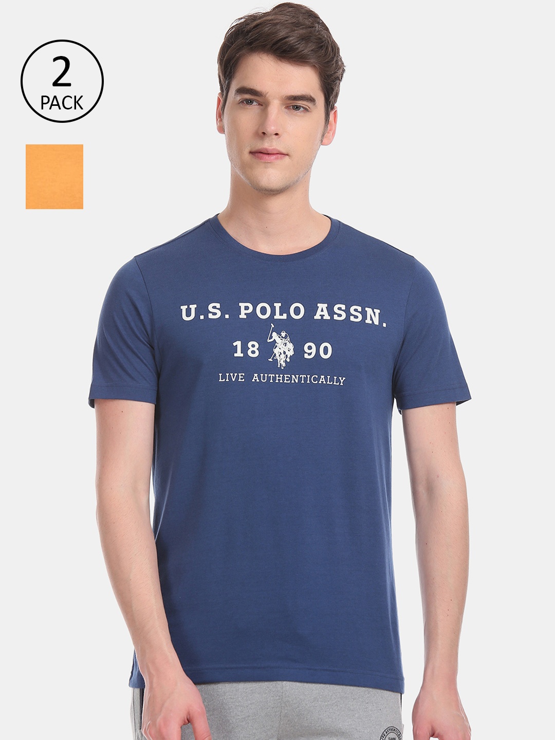 

U.S. Polo Assn. Men Pack of 2 Pure Cotton Brand Logo Printed Lounge T-Shirt, Mustard