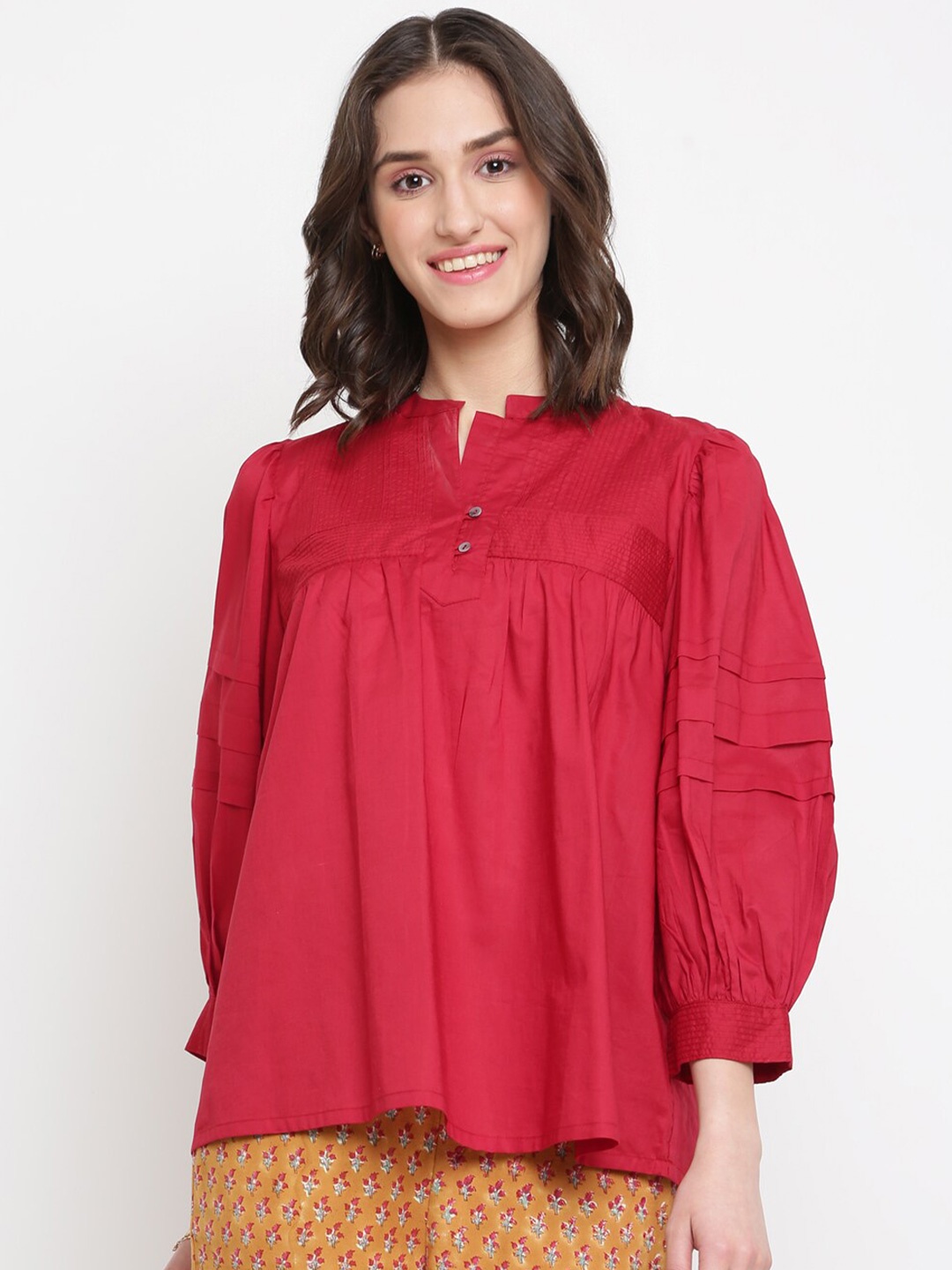 

Fabindia Women Red Mandarin Collar Top