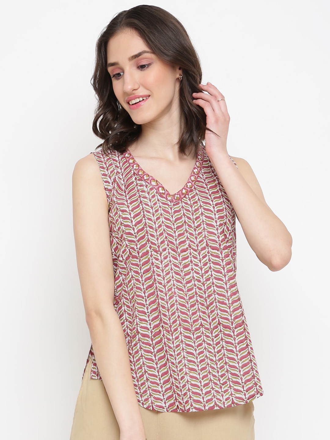 

Fabindia Women Maroon Print Top