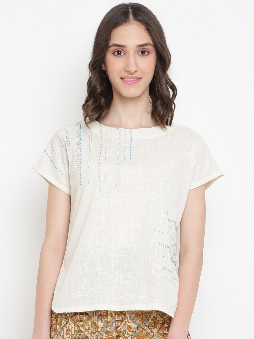 

Fabindia Women Off White Geometric Embroidered Top