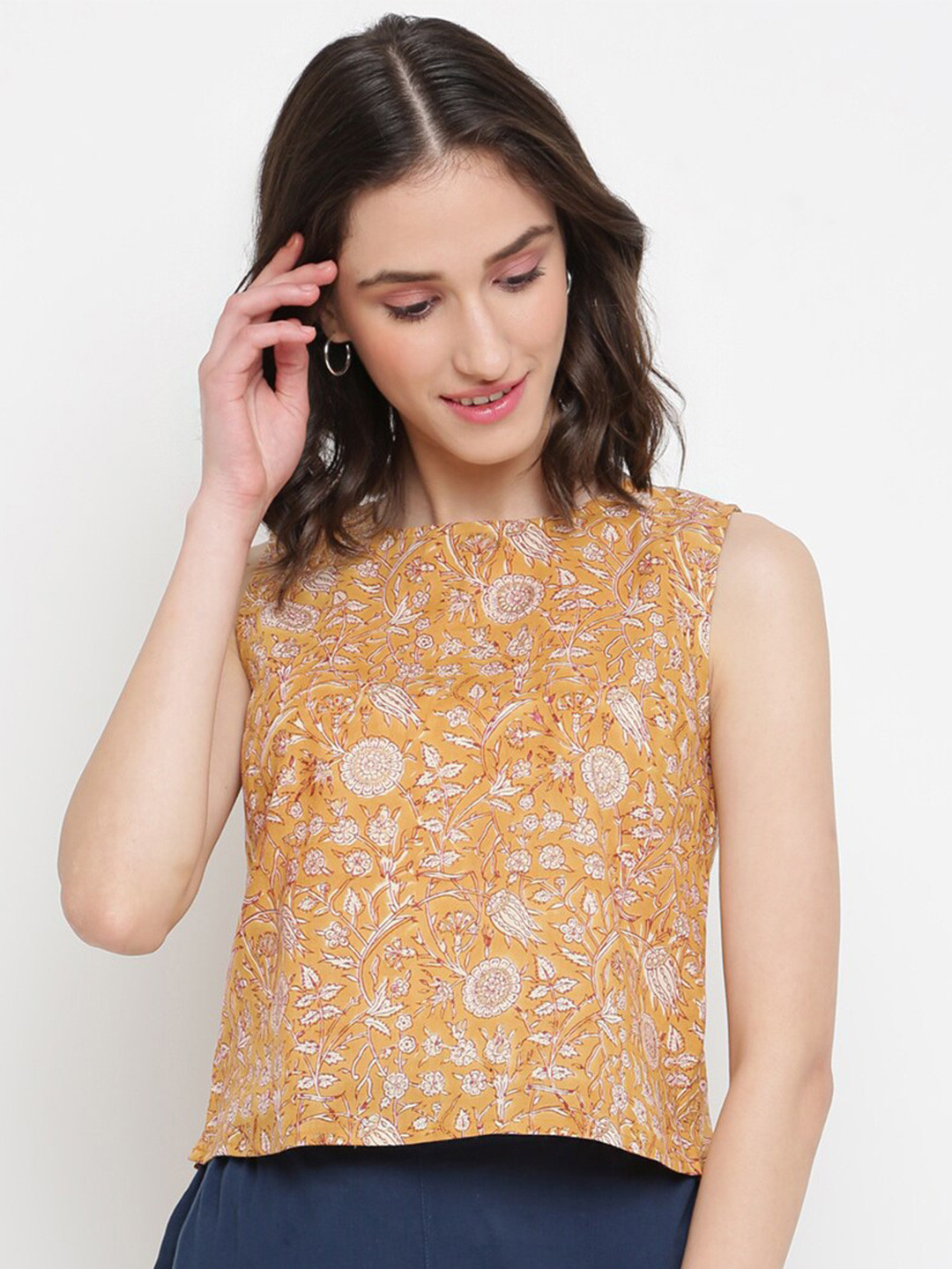 

Fabindia Women Yellow Floral Print Top