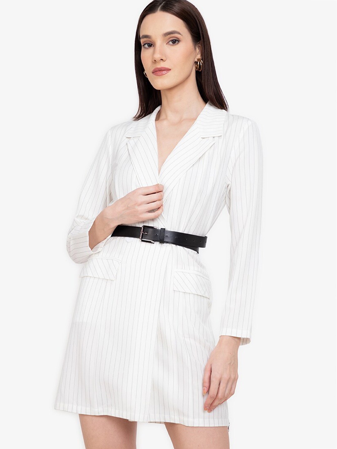 

ZALORA WORK Woman White Stripped Collar Neck Regular Sleeves Formal Blazer Dress