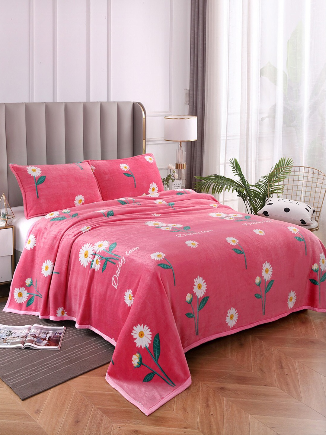 

JC HOME Pink & Green Floral Summer 300 GSM Single Bed Blanket
