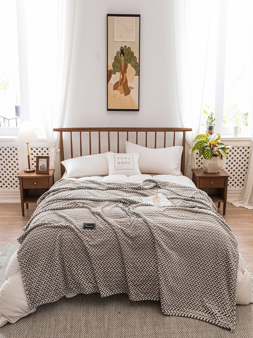 

JC Collection Brown & White Geometric Summer 350 GSM Double Bed Blanket