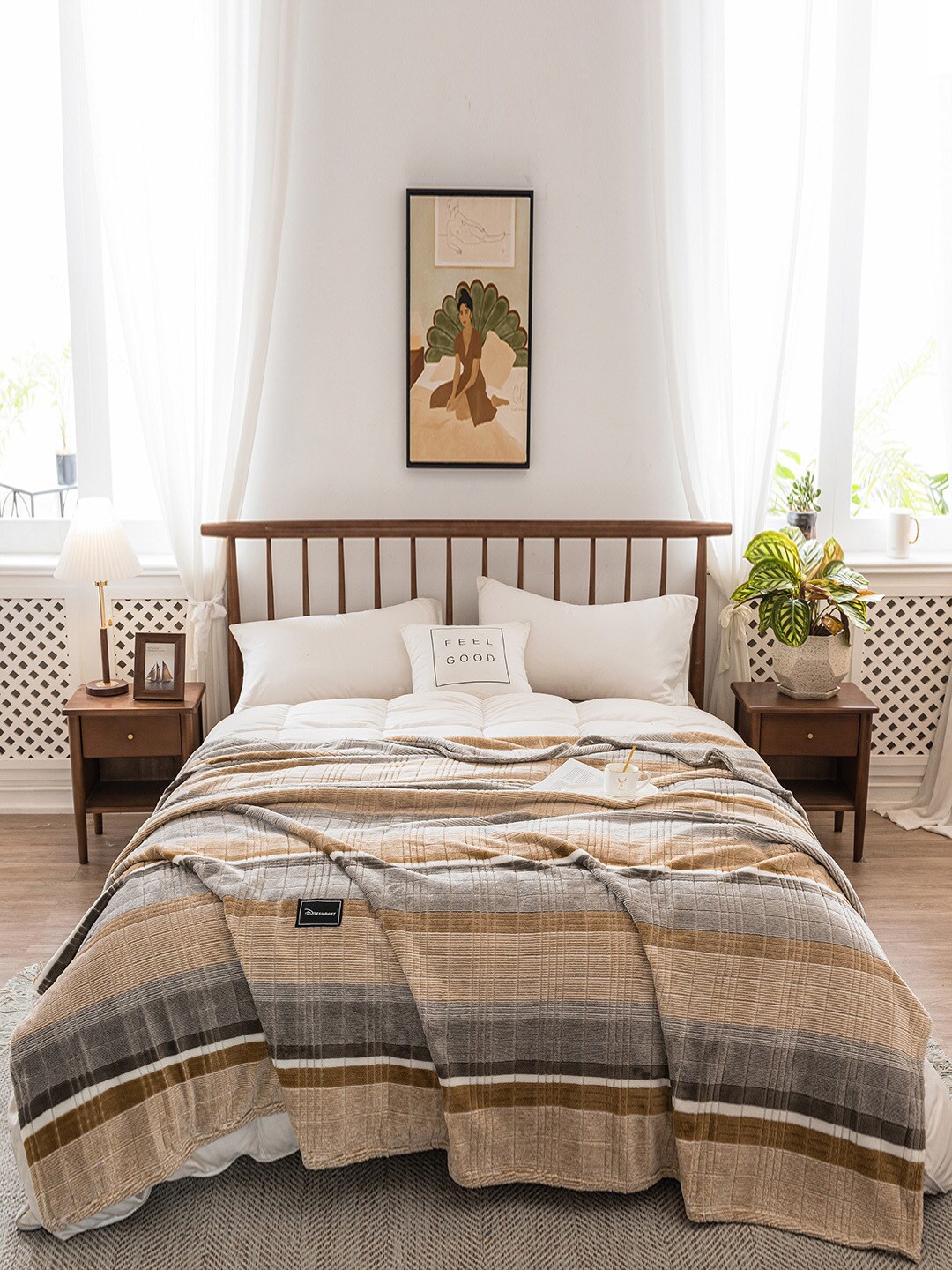 

JC Collection Khaki & White Striped Summer 350 GSM Double Bed Blanket