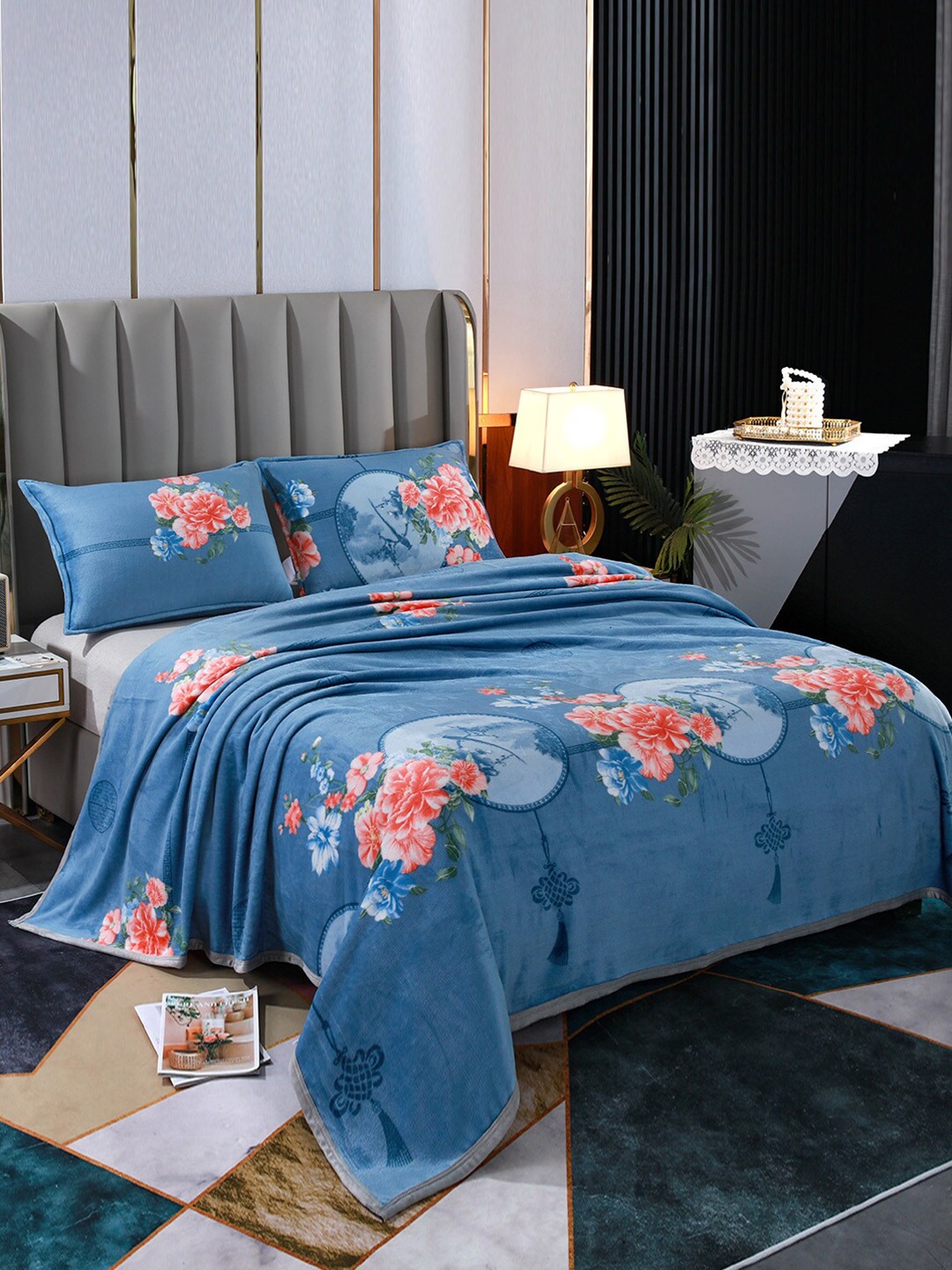 

JC HOME Blue & Red Floral Summer 300 GSM Double Bed Blanket