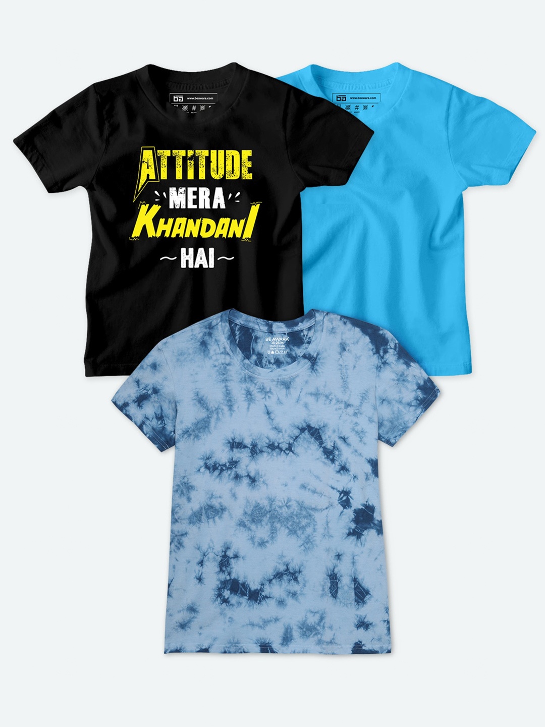 

BE AWARA Kids Black & Blue Pack of 3 Printed T-shirt