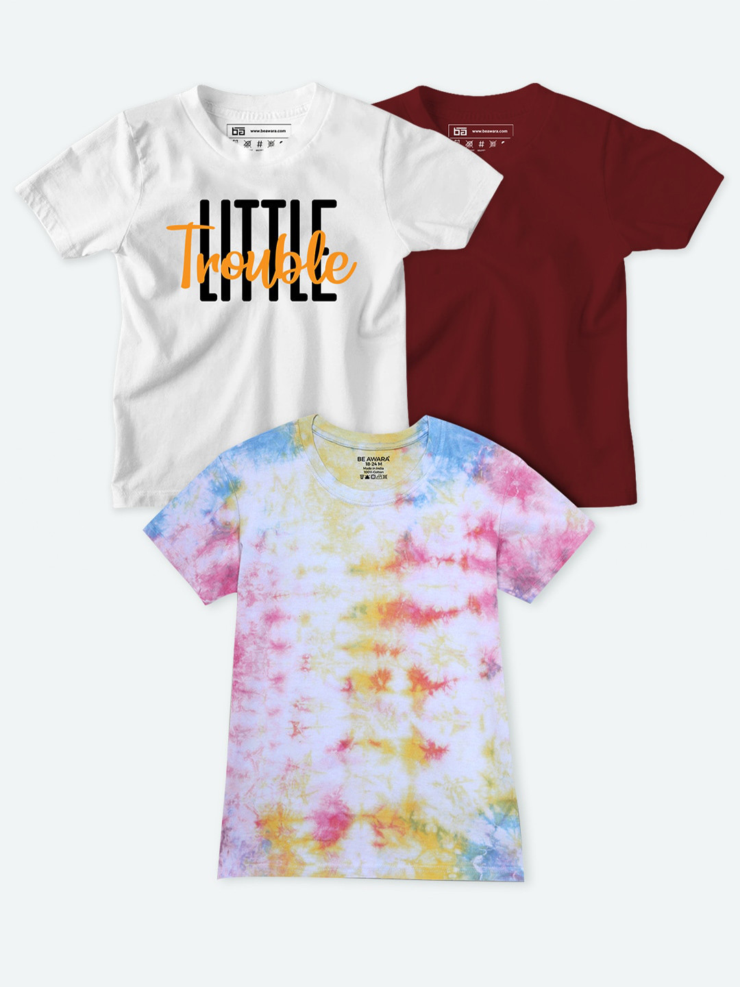 

BE AWARA Kids Maroon & White Pack of 3 Printed T-shirt