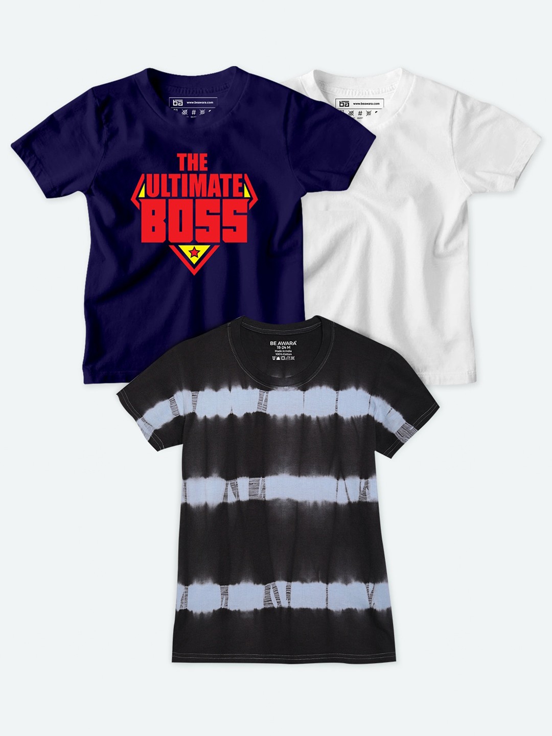 

BE AWARA Kids Navy Blue & White Pack of 3 Typography Printed T-shirt