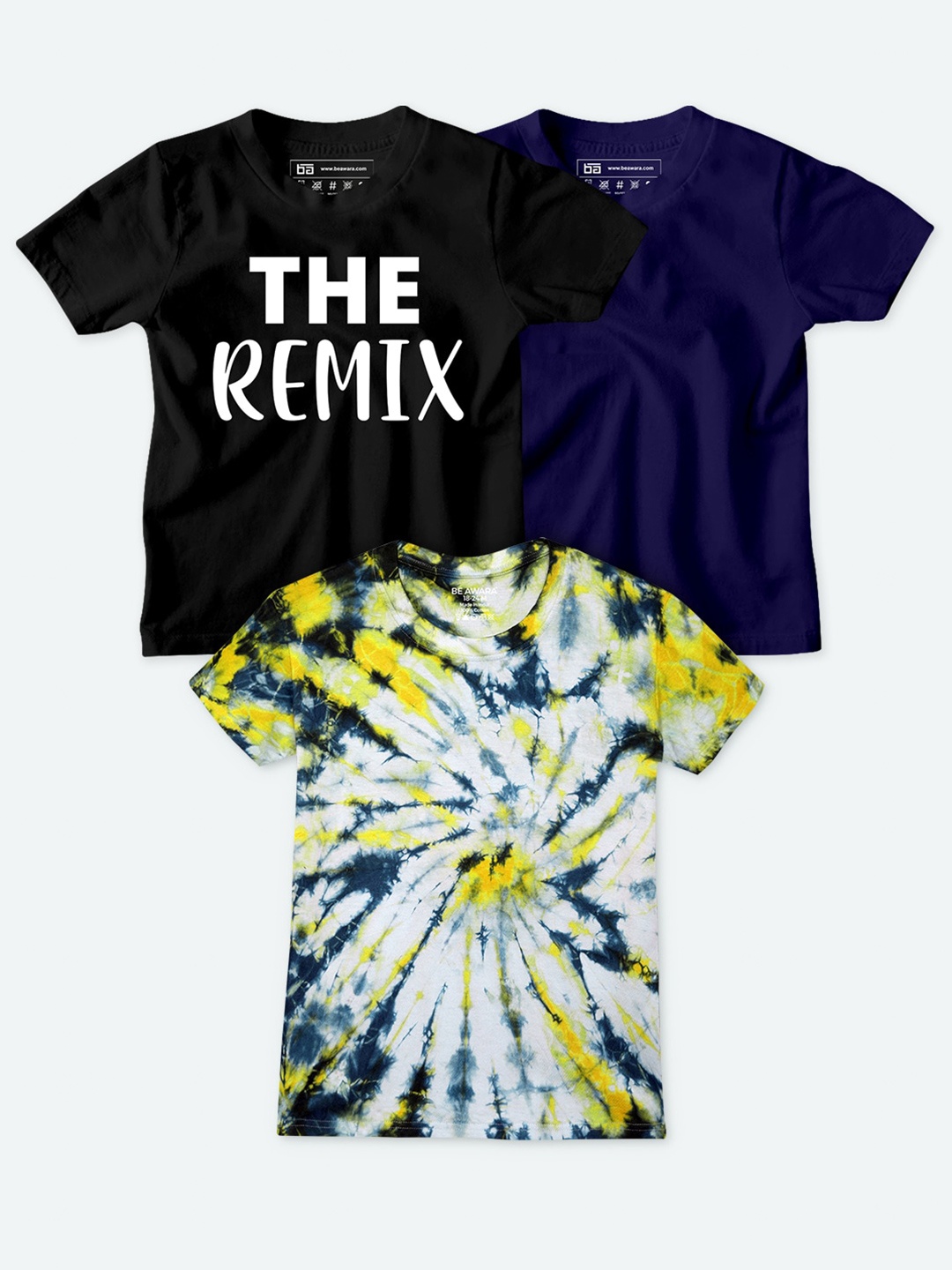 

BE AWARA Kids Navy Blue & Black Pack of 3 Printed T-shirt