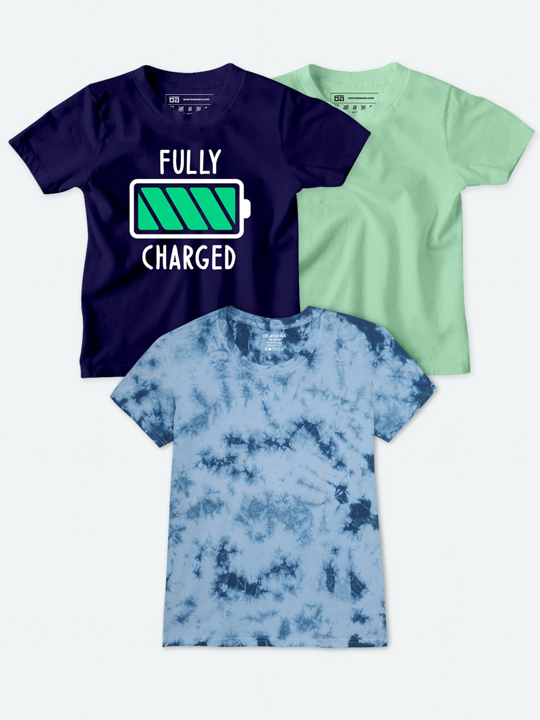 

BE AWARA Kids Navy Blue & Sea Green Pack of 3 Printed T-shirt