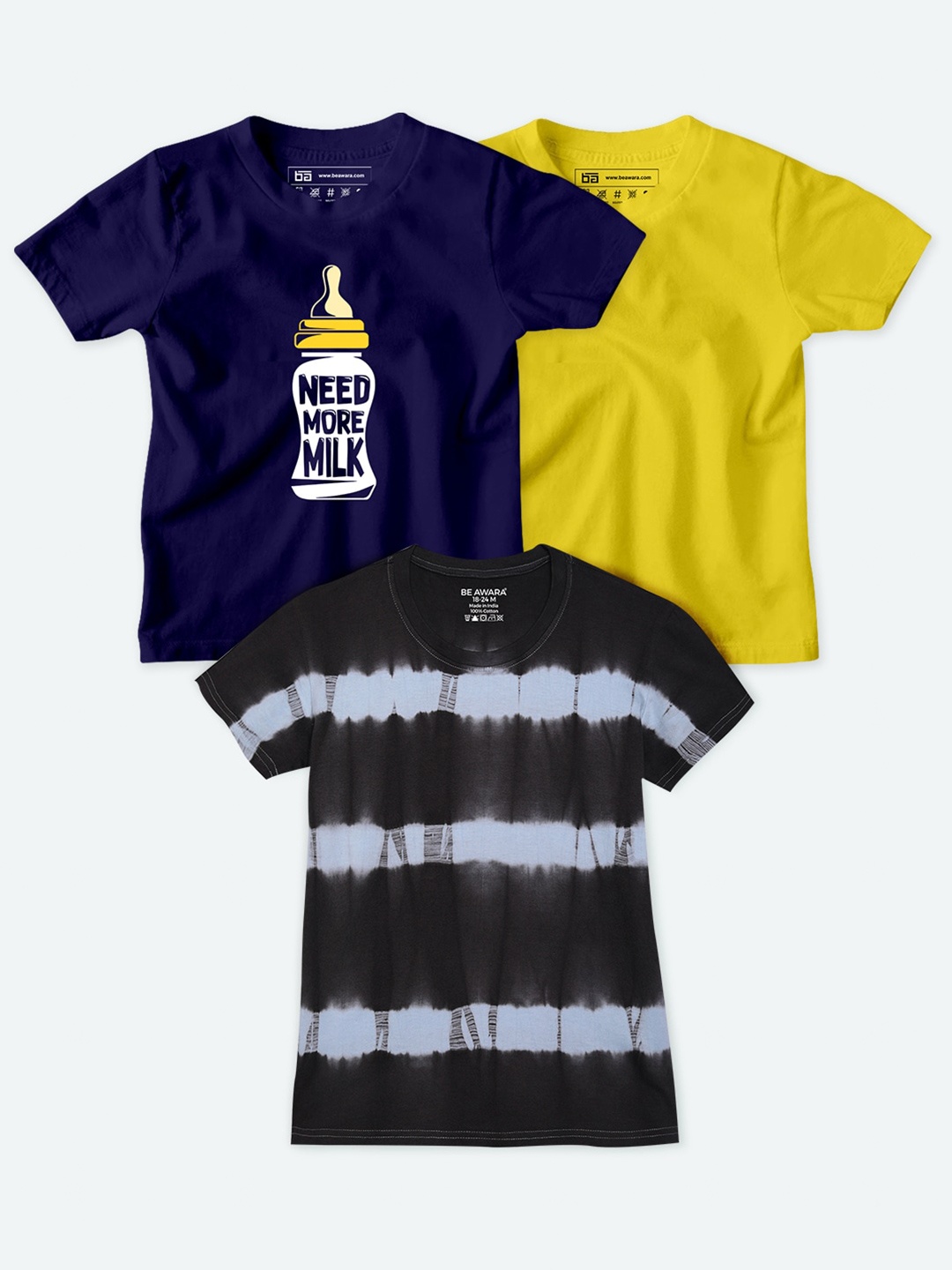 

BE AWARA Kids Navy Blue & Yellow Pack of 3 Printed T-shirt
