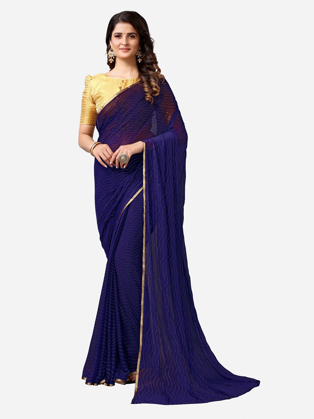 

SIRIL Navy Blue & Gold-Toned Embellished Mukaish Taant Saree