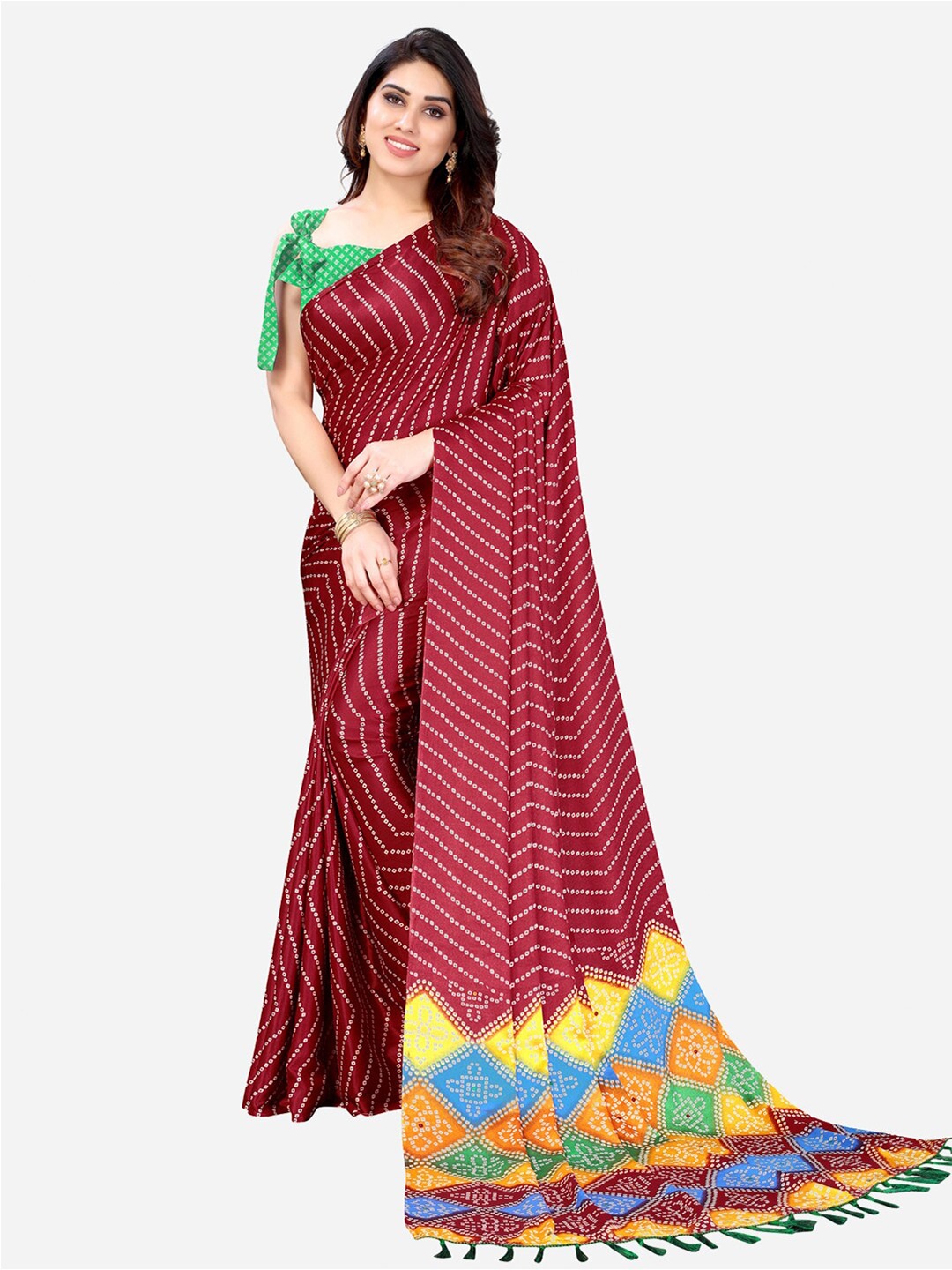 

SIRIL Maroon & Yellow Bandhani Saree