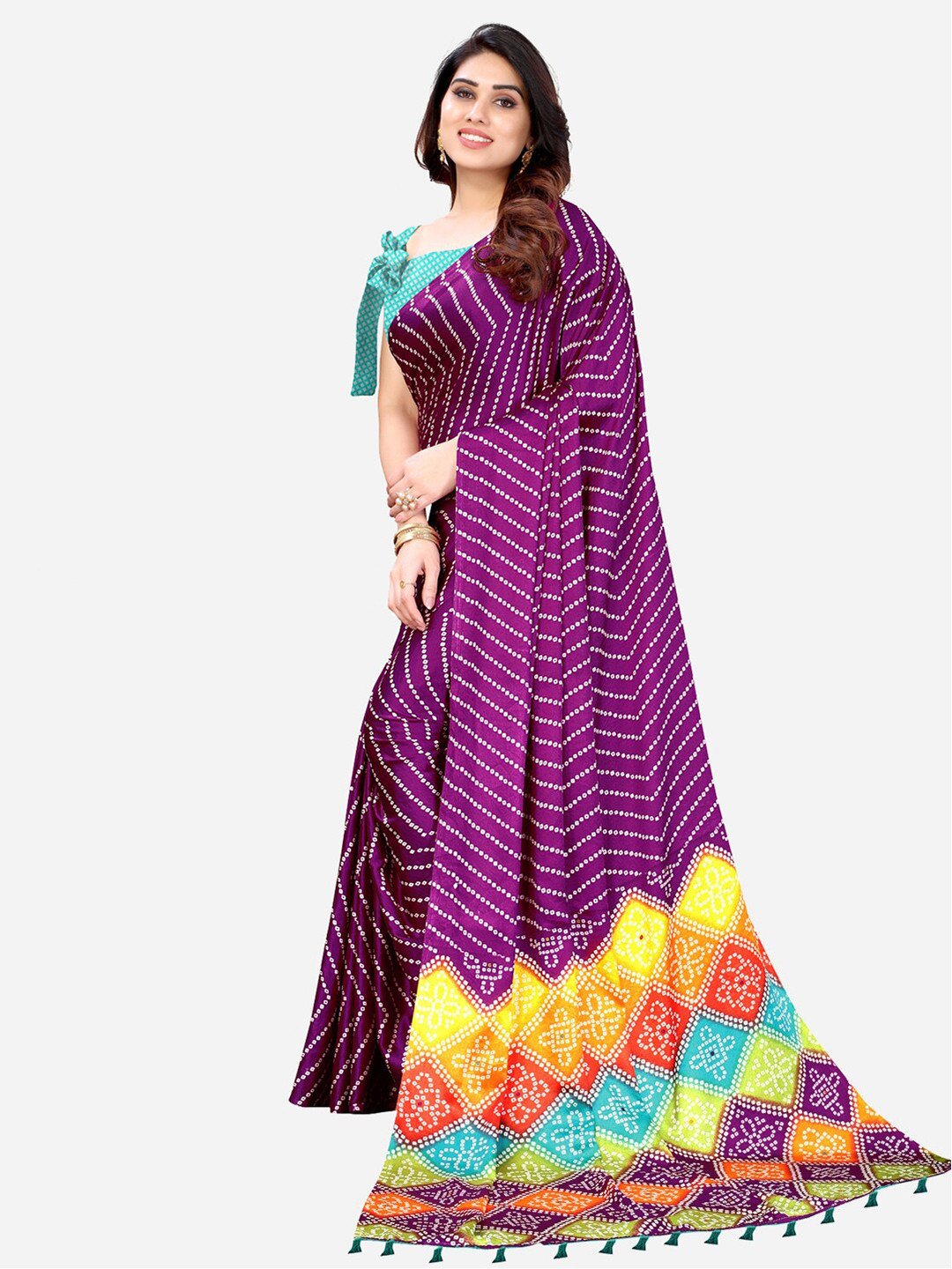 

SIRIL Purple & Yellow Bandhani Saree