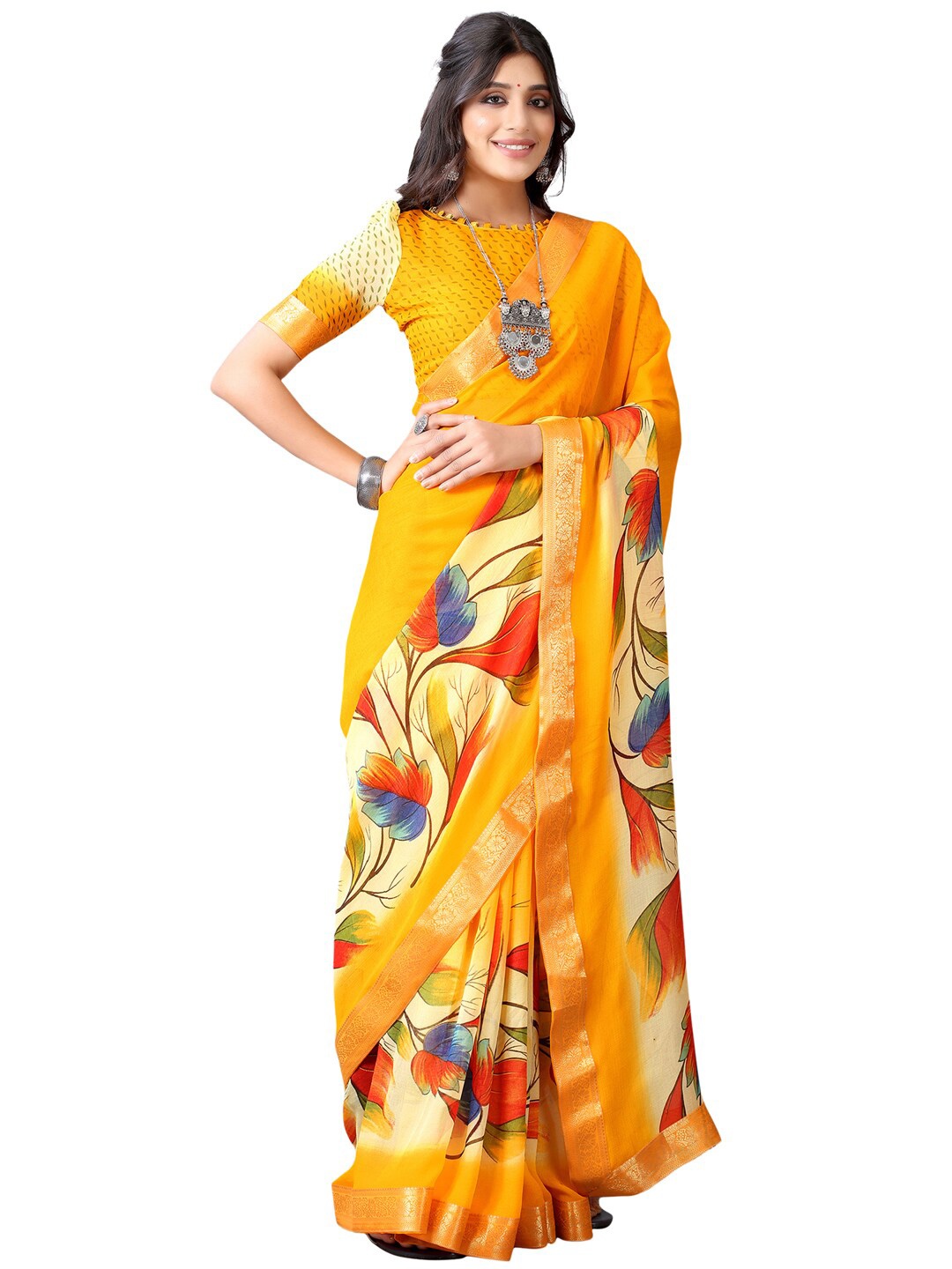 

SIRIL Yellow & Red Floral Saree