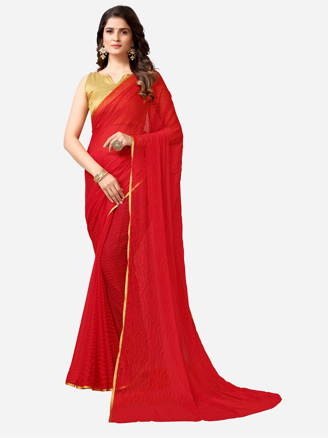 

SIRIL Red Embellished Taant Saree