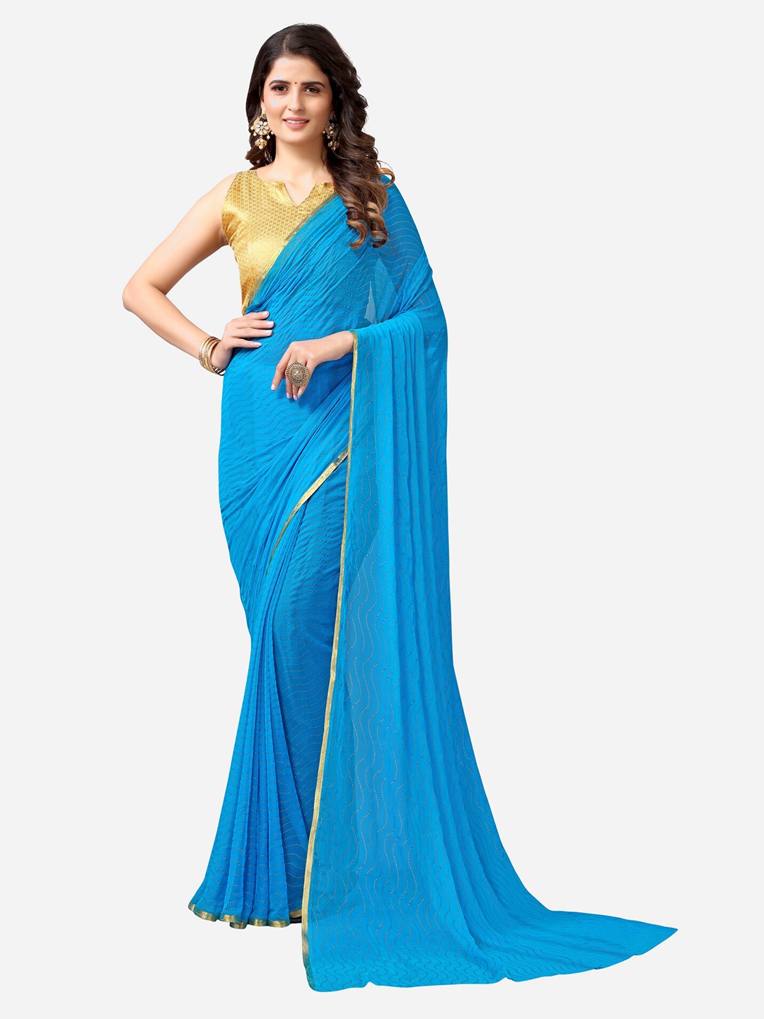 

SIRIL Turquoise Blue & Gold-Toned Embellished Zari Taant Saree