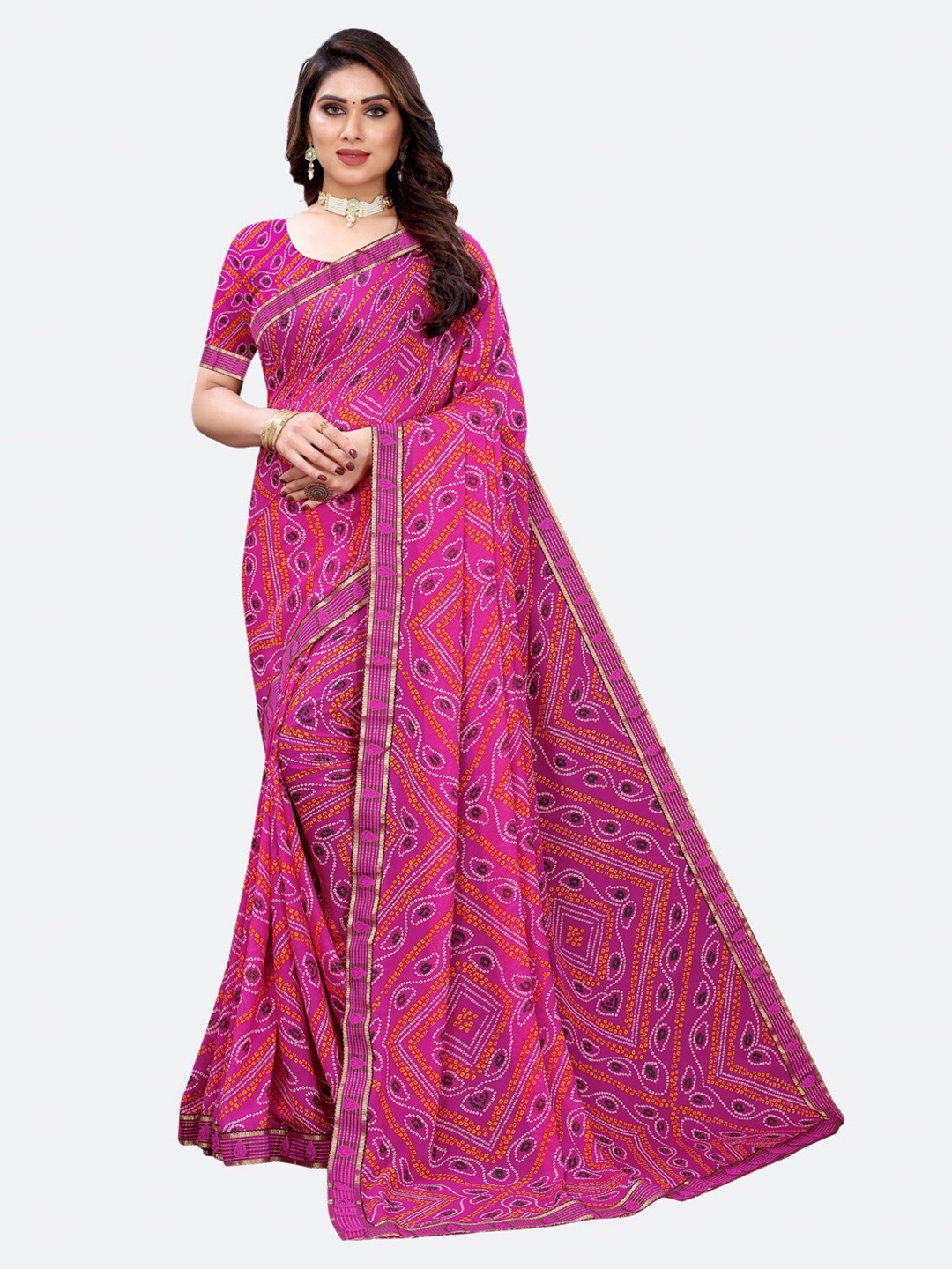 

SIRIL Pink & Orange Bandhani Saree