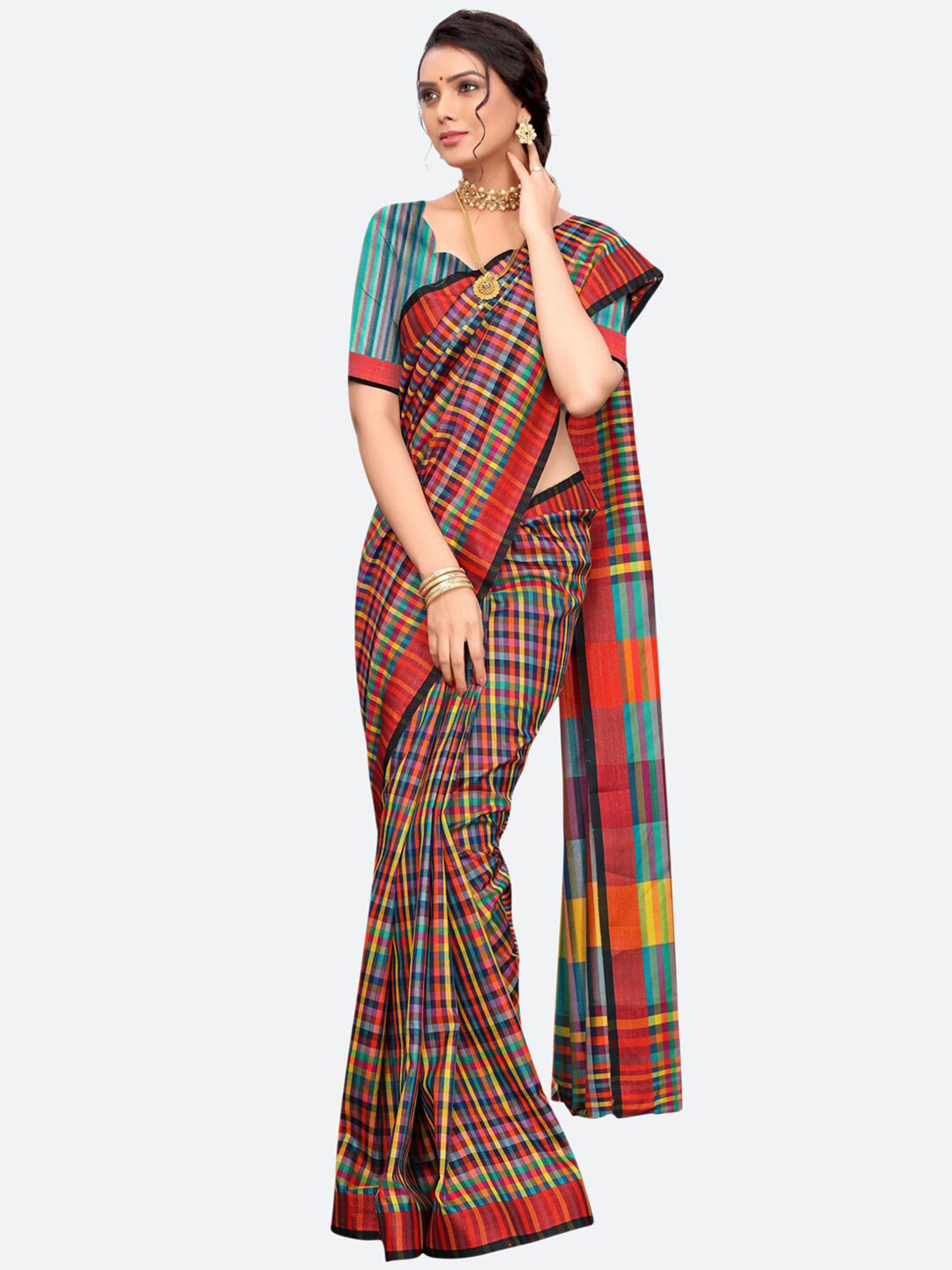

SIRIL Red & Blue Checked Baluchari Saree