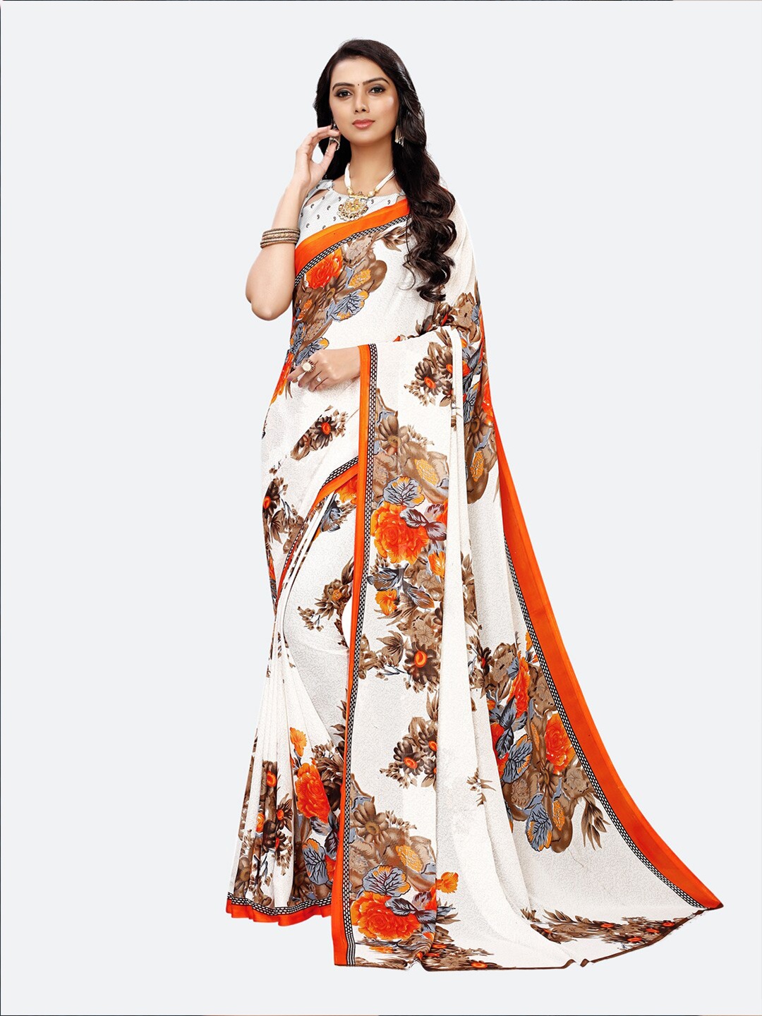 

SIRIL White & Grey Floral Saree