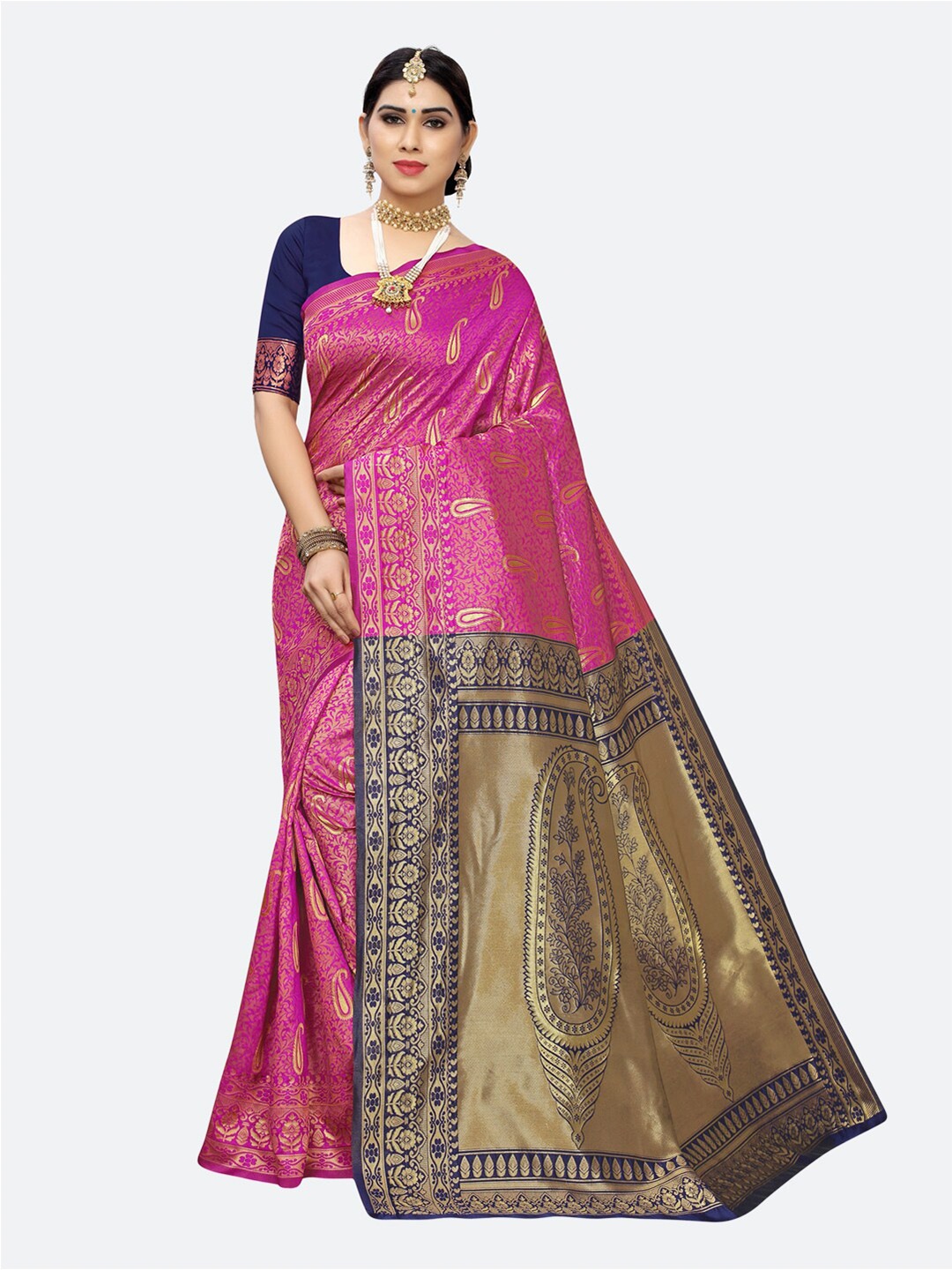 

SIRIL Pink & Gold-Toned Woven Design Banarasi Saree