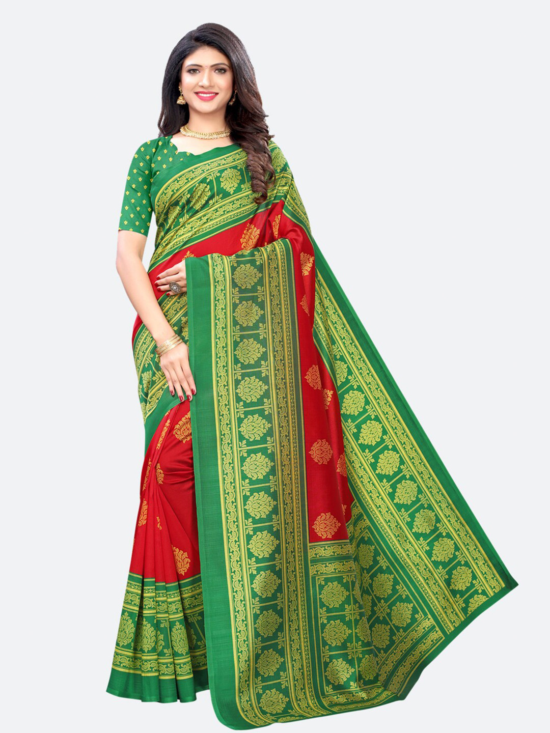 

SIRIL Red & Green Ethnic Motifs Banarasi Saree