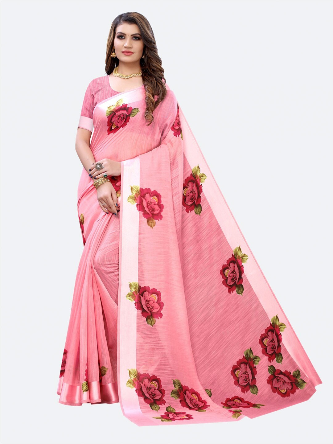 

SIRIL Pink & Red Floral Saree