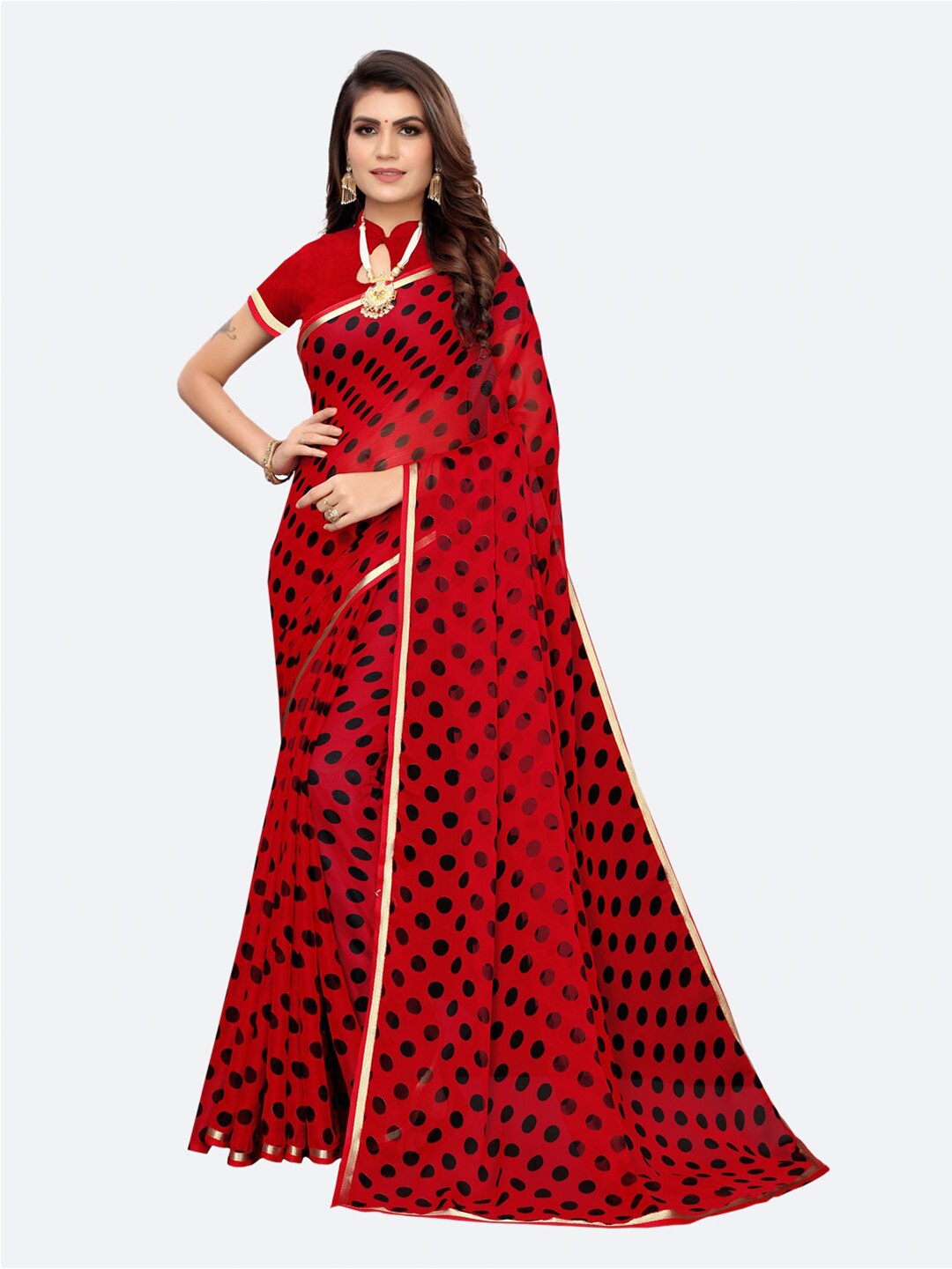 

SIRIL Red & Black Polka Dot Printed Saree