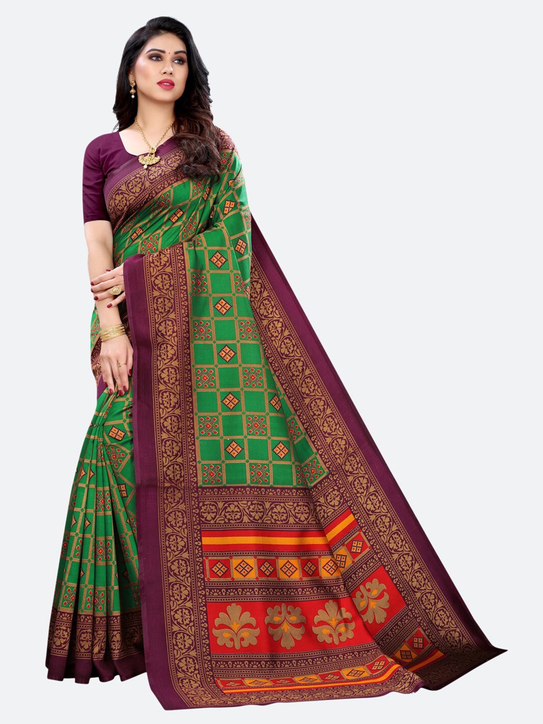 

SIRIL Green & Brown Patola Poly Silk Saree