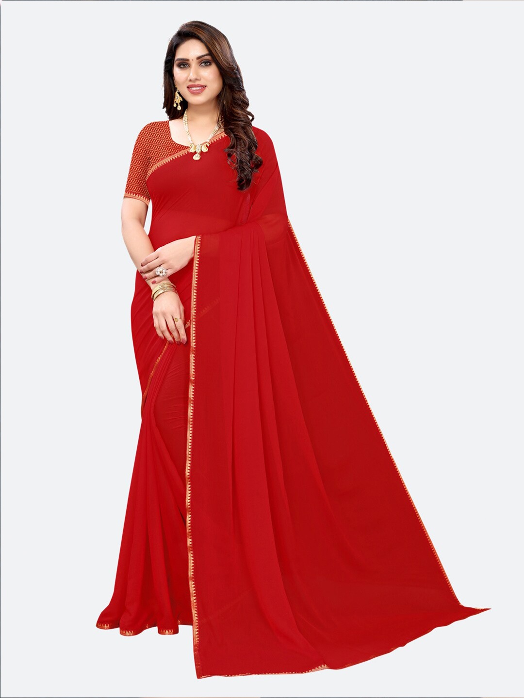 

SIRIL Red & Gold-Toned Solid Saree