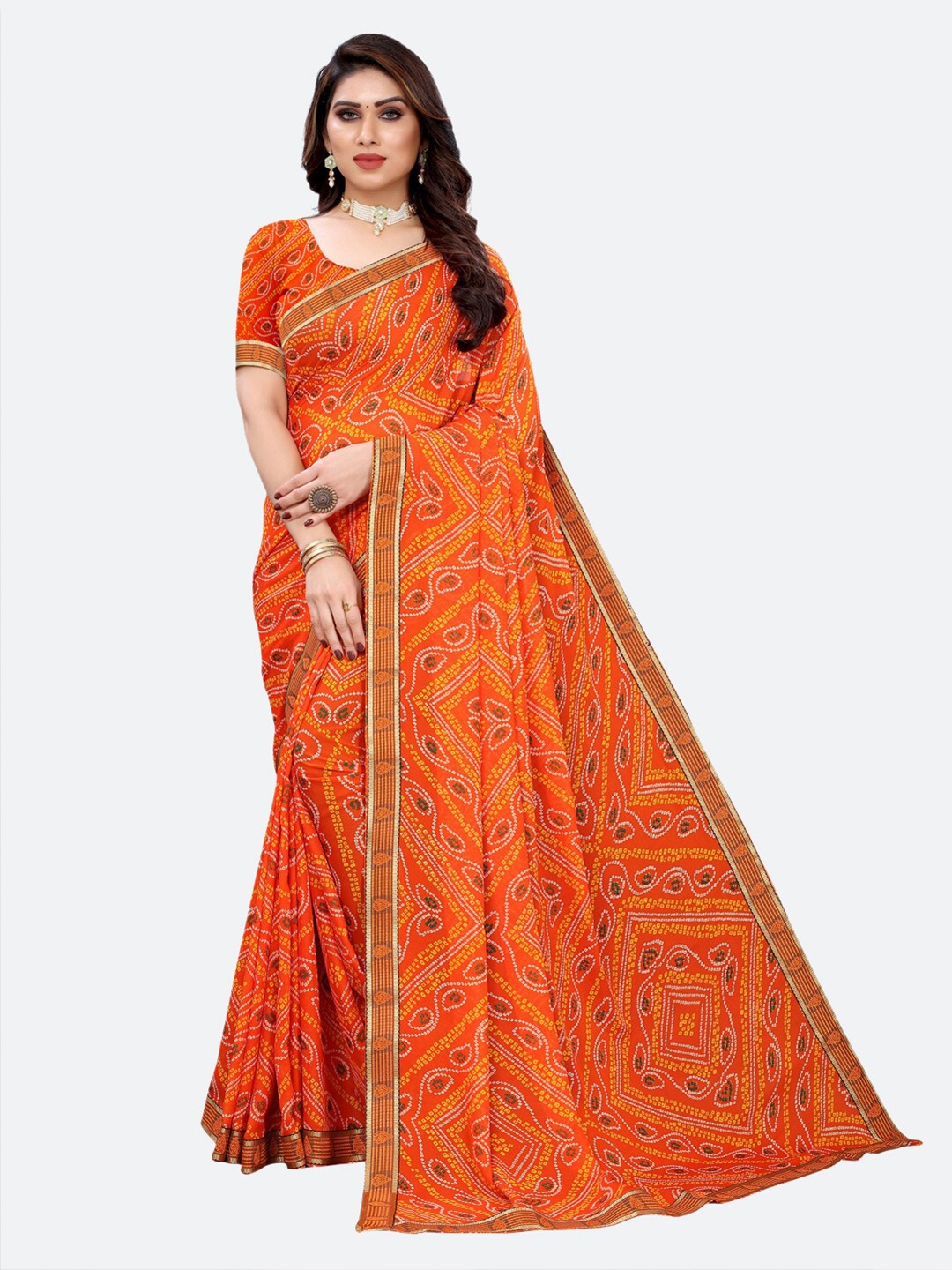 

SIRIL Orange Bandhani Saree