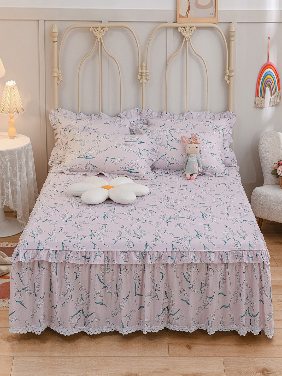 

JC HOME Pink & Green Printed Pure Cotton Double King Bed Covers