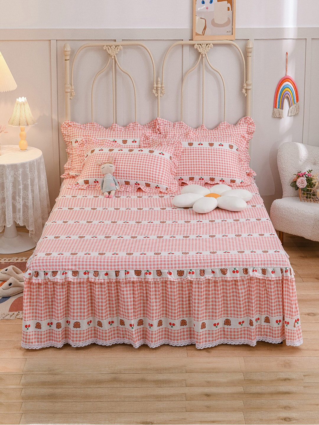 

JC HOME Pink & White Checked 230TC Pure Cotton Double Queen Bed Cover With Two Pillow Covers