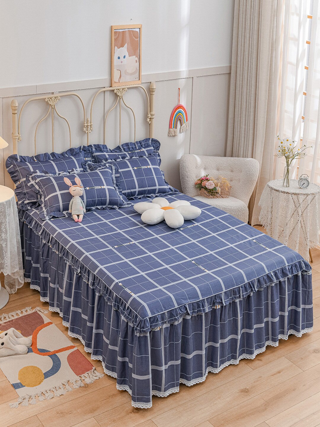 

JC HOME Blue Checked Double King Bed Covers With 2 Pillow Covers