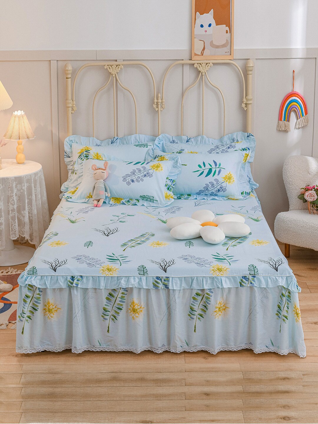 

JC HOME Blue Printed Double Queen Bed Cover With 2 Pillow Cover