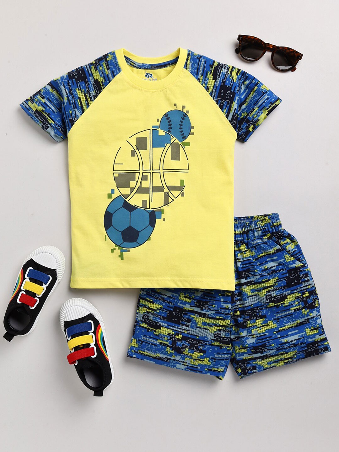 

Dear to Dad Boys Yellow & Blue Printed Pure Cotton T-shirt with Shorts