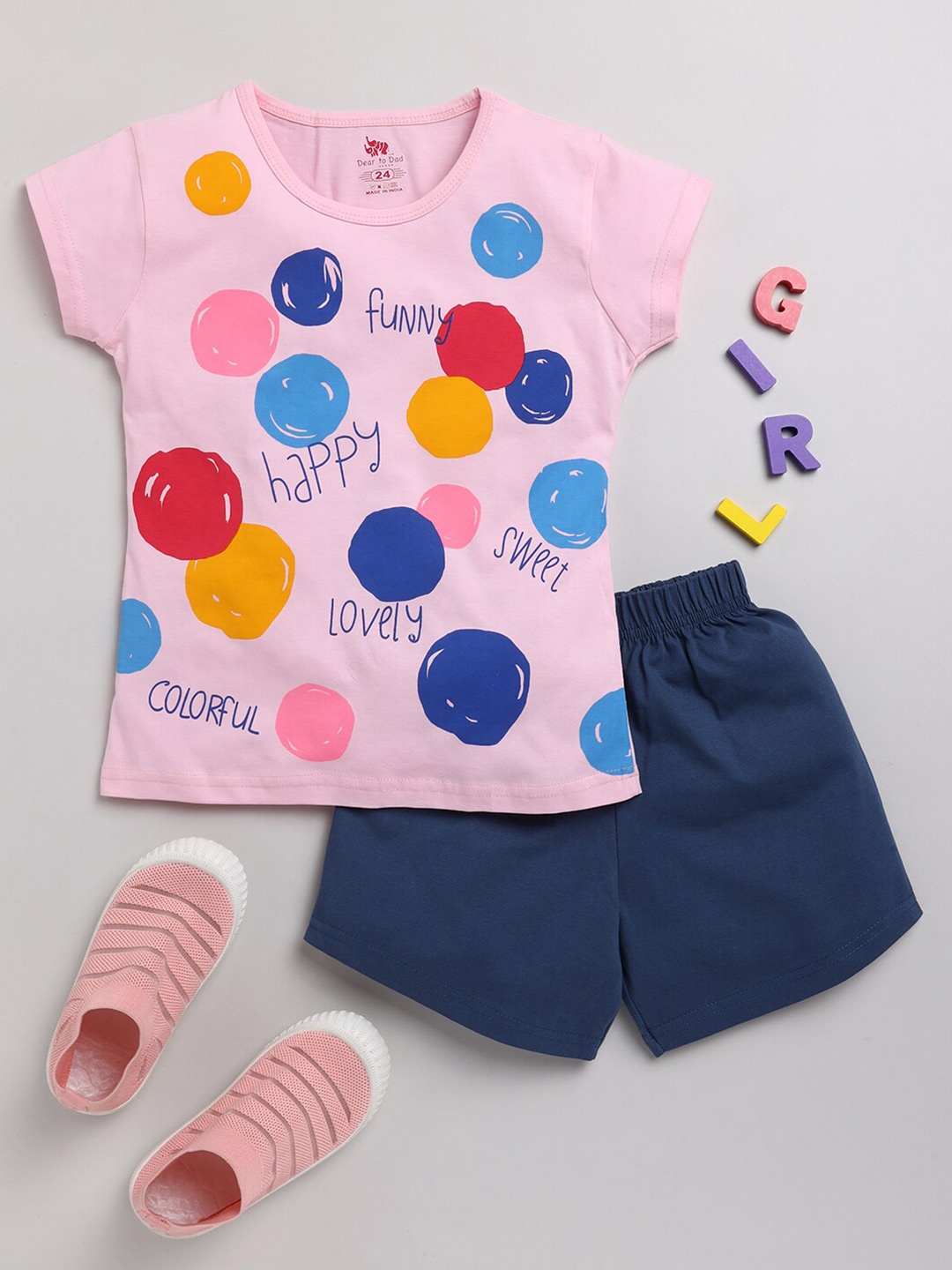 

Dear to Dad Girls Pink & Navy Blue Printed T-shirt with Shorts