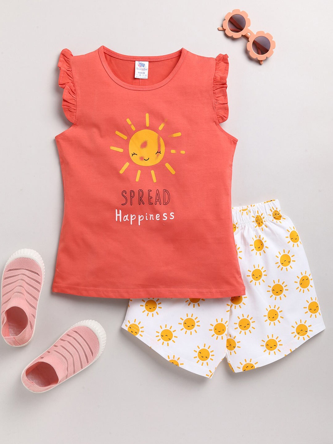 

Dear to Dad Girls Orange & White Printed Pure Cotton T-shirt with Shorts