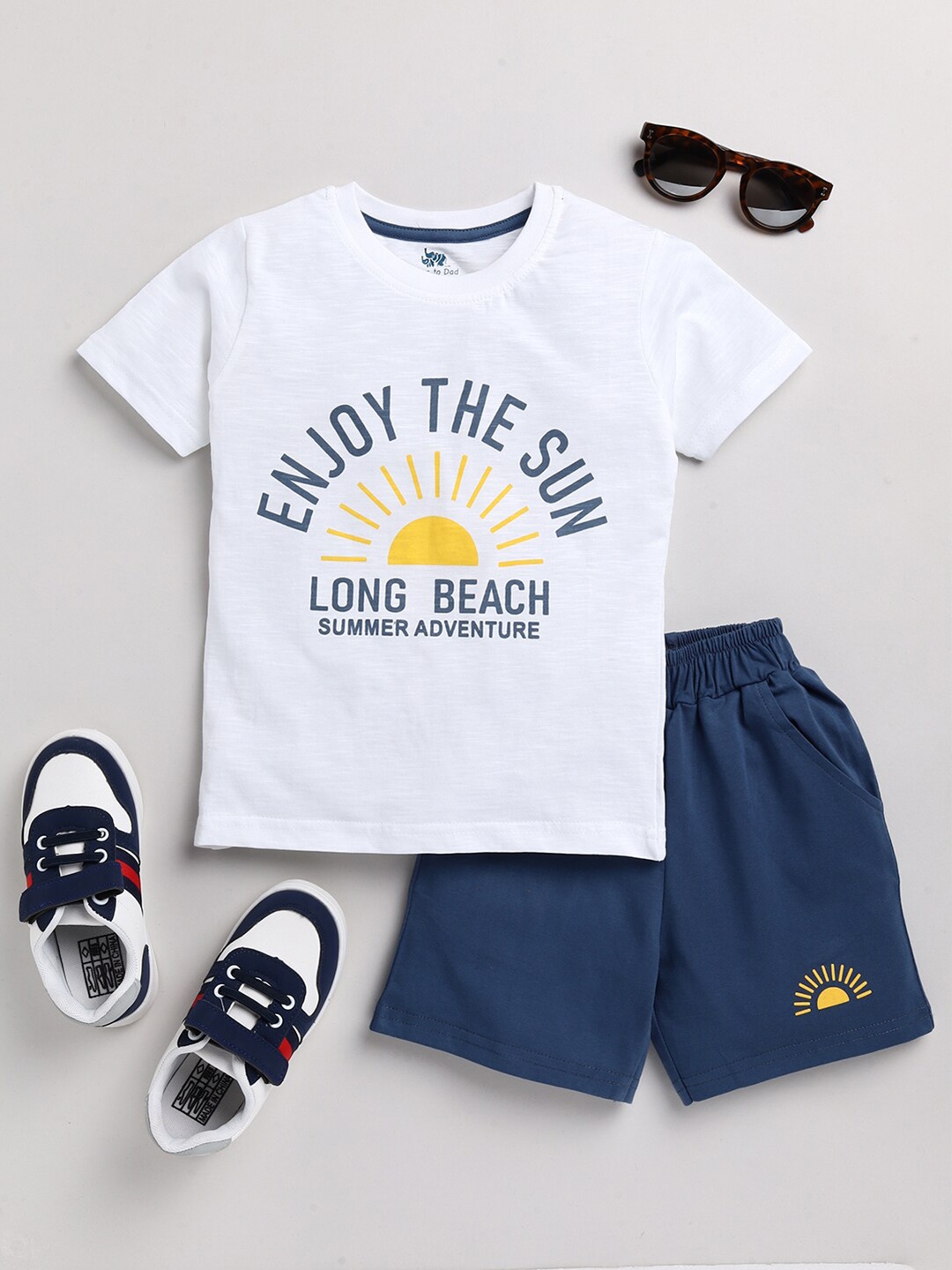 

Dear to Dad Boys White & Navy Blue Pure Cotton Printed T-shirt with Shorts