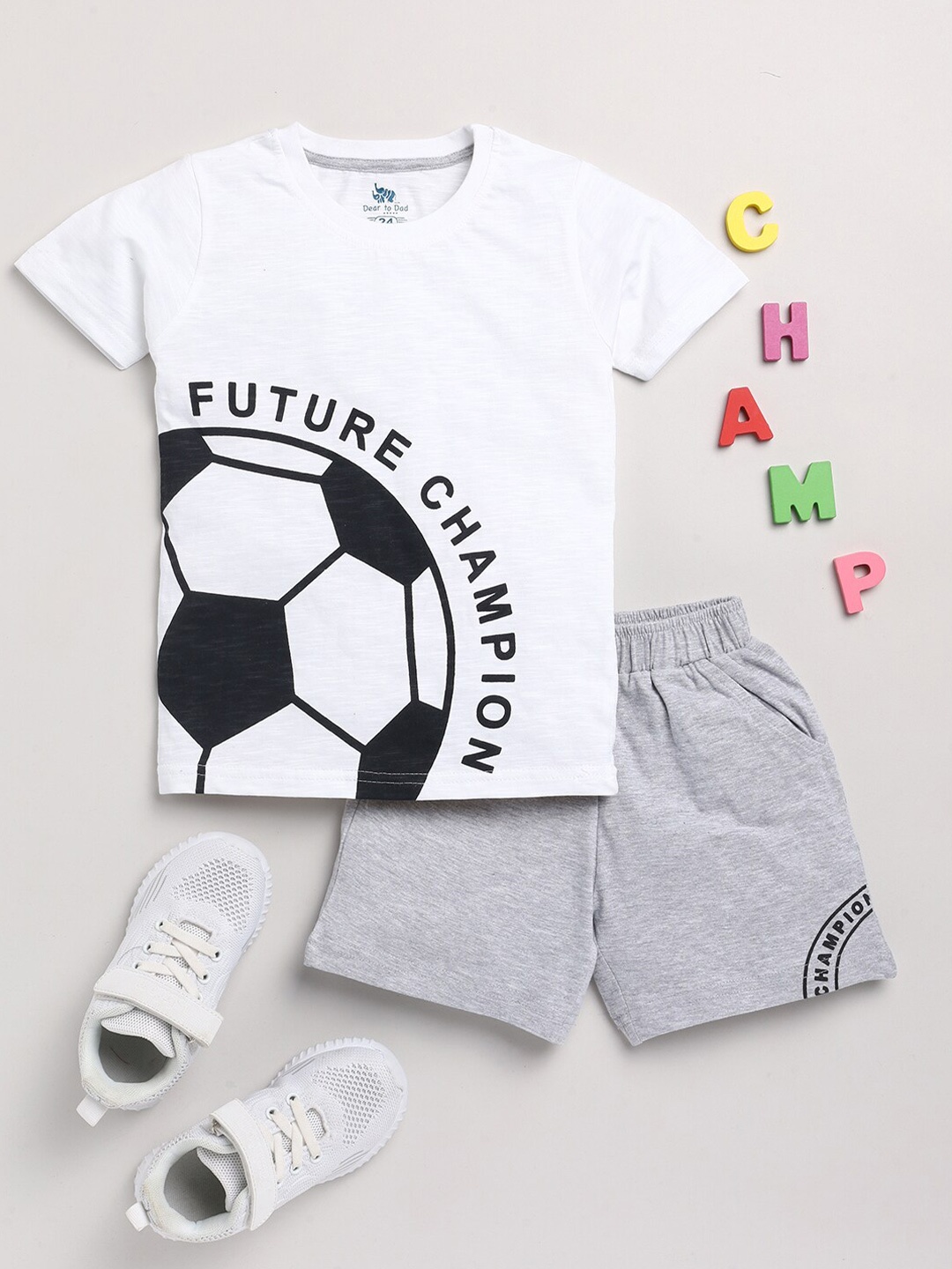 

Dear to Dad Boys White & Grey Printed Pure Cotton T-shirt with Shorts