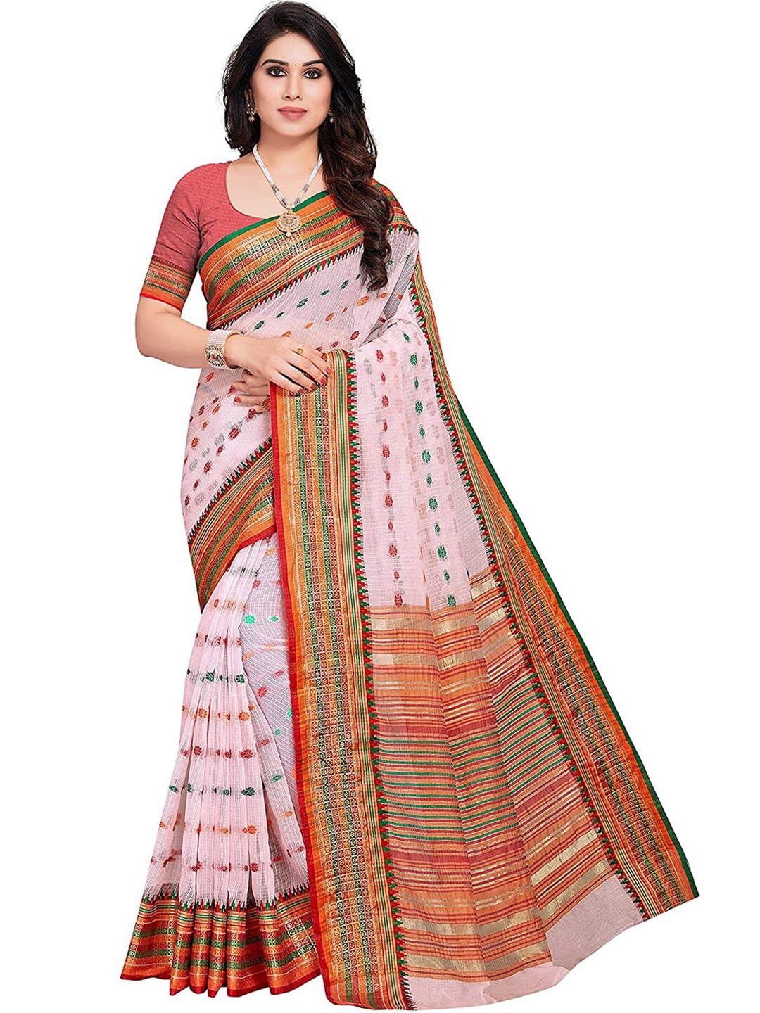 

Leeza Store Pink & Green Woven Design Zari Kota Saree
